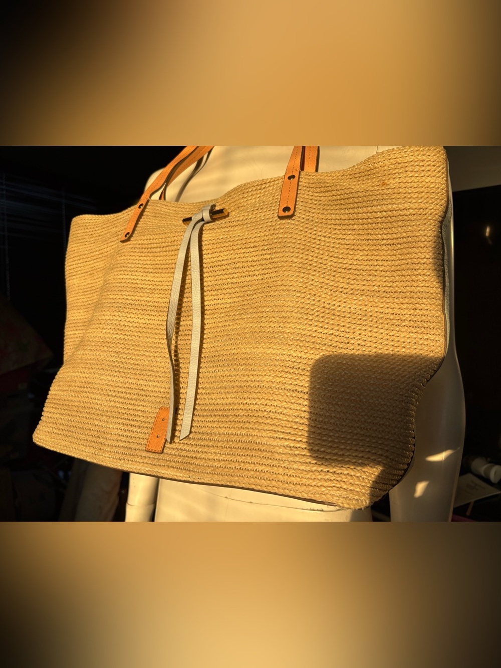 Thacker Woven Straw Tote Bag with Tan Leather Handles